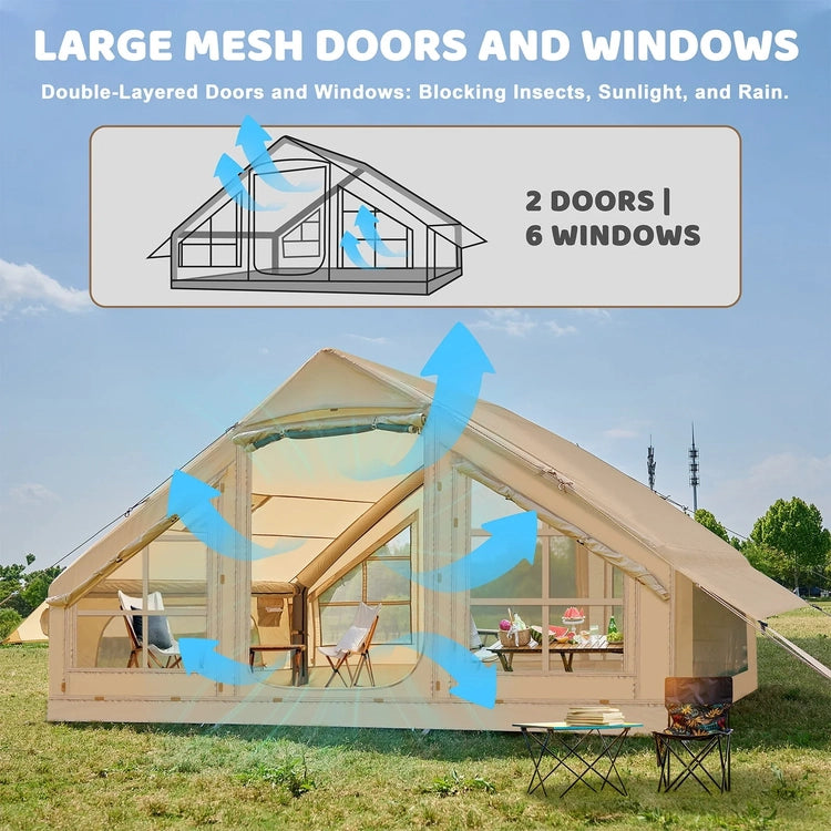 6 Person Inflatable Camping Tent with Pump, 10ft x7ft Glamping Family Tent Easy Setup 4 Season Waterproof Windproof Outdoor Blow up Tent Oxford