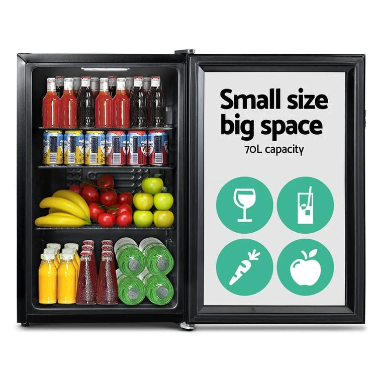 Devanti 70L Bar Fridge Glass Door W/Light Black