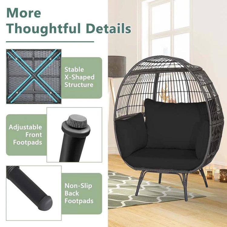 Oversized Wicker Egg Chair with 4 Cushions, Steel Frame Basket Chair Indoor Outdoor Patio Lounge Chair