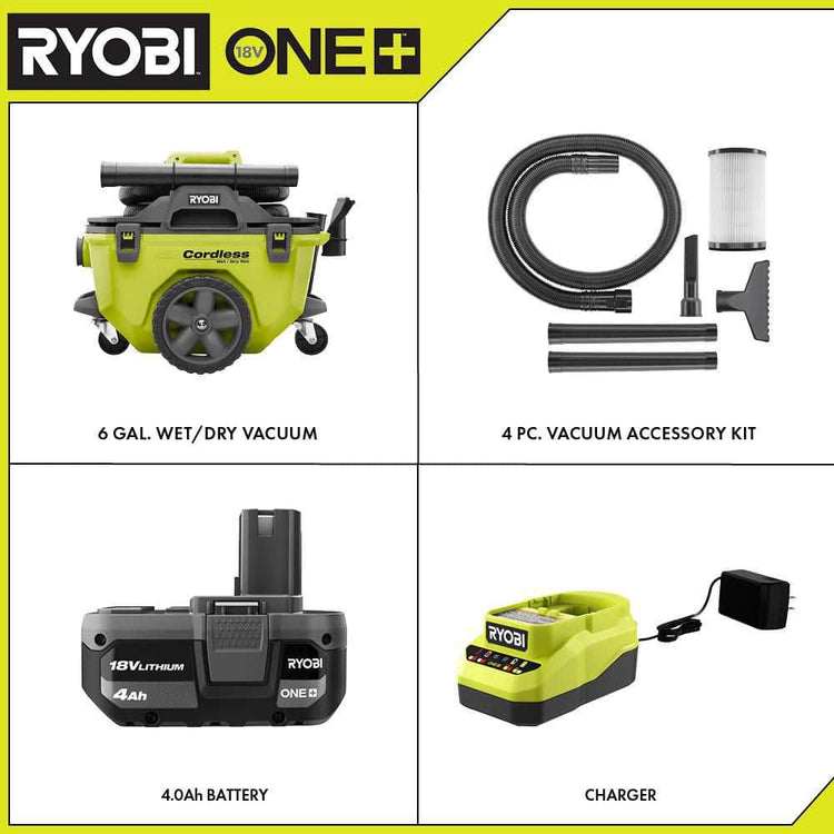 One+ 18V Cordless 6 Gal. Wet/Dry Vacuum Kit with 4.0 Ah Battery, Charger and Vacuum Accessories P770KN