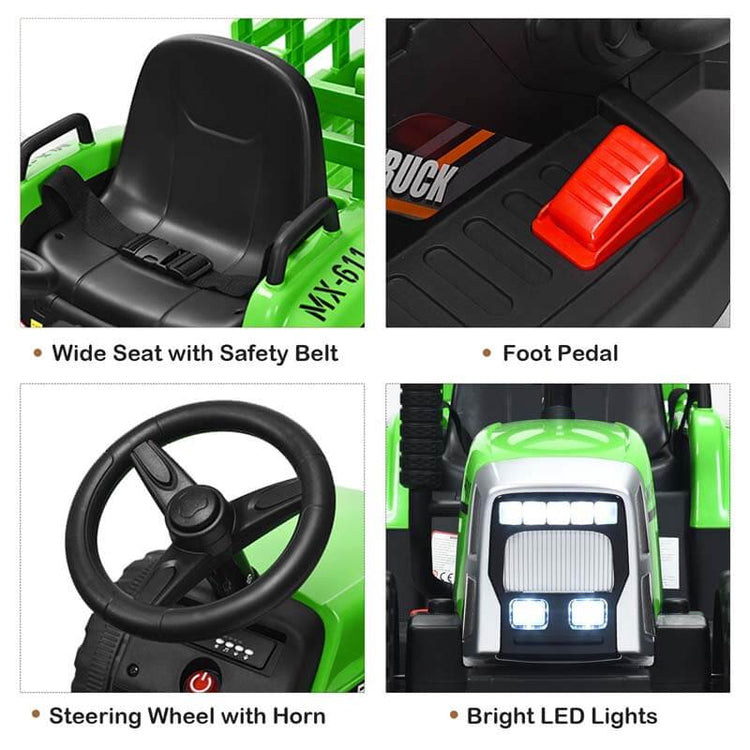 Kids Ride on Tractor W/Trailer 12V Battery Powered Electric Riding Toy Car Vehicle with 3-Gear-Shift Ground Loader