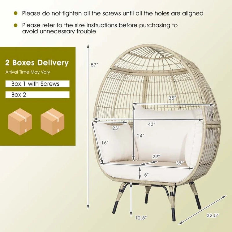 Oversized Wicker Egg Chair with 4 Cushions, Steel Frame Basket Chair Indoor Outdoor Patio Lounge Chair