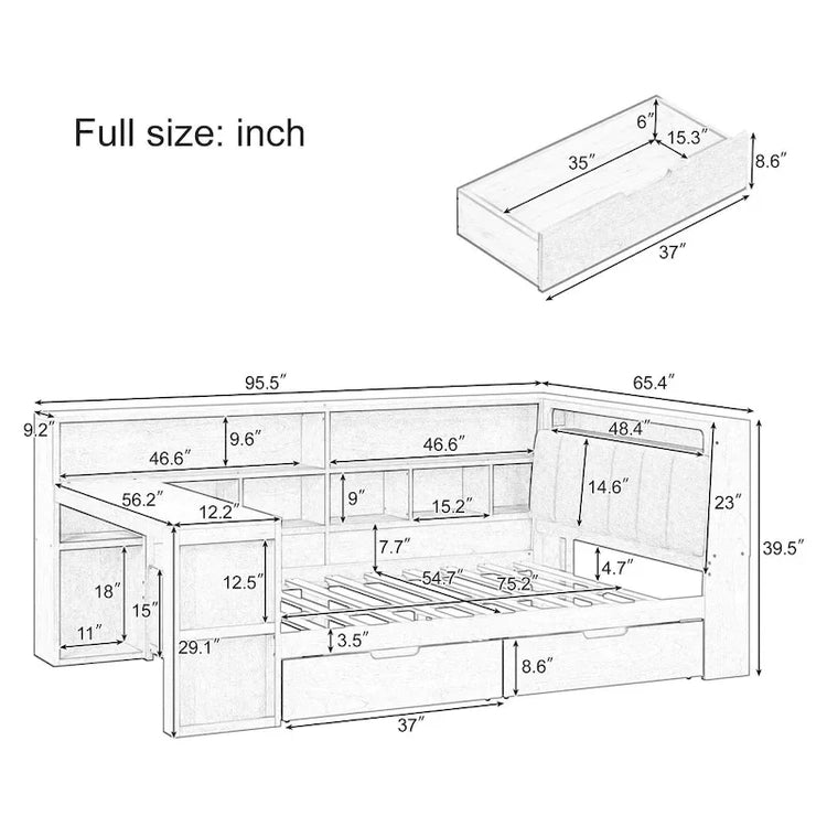 L-Shaped Wooden Sofa Daybed with Desk, Bookcase Cabinet, Corner Bed with Under-Bed Drawers, Upholstered Headboard Built-in Light