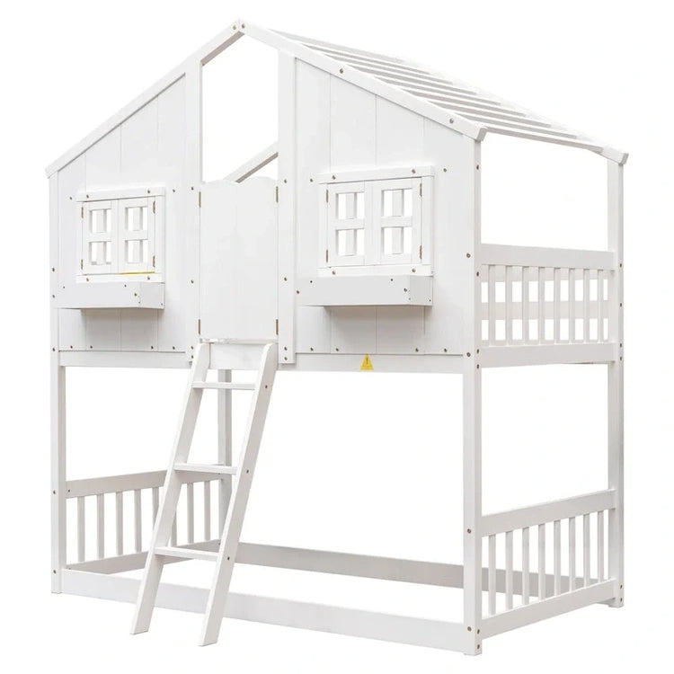 Twin Over House Bunk Bed with Roof, Window, Window Box, Door, with Safety Guardrails and Ladder, Grey