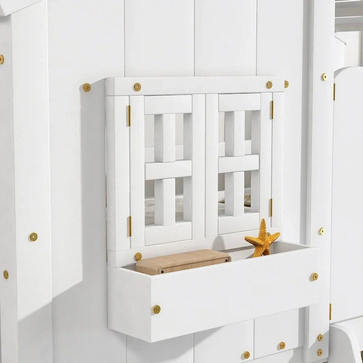 Twin Over House Bunk Bed with Roof, Window, Window Box, Door, with Safety Guardrails and Ladder, Grey