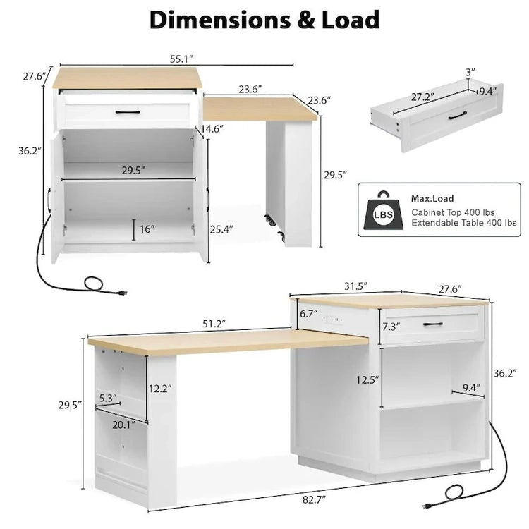 82.7 Wooden 4-6 Person Kitchen Island with Extendable Dining Table and Double-Sized Storage