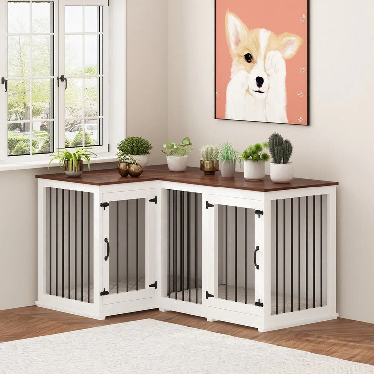 Large Corner Dog Crate Furniture for 2 Dogs, L Shape Dog Crate Cage - 58.7X41.1