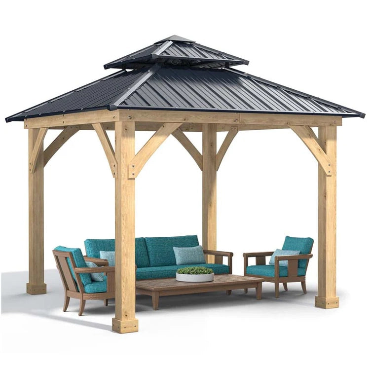 10 X Ft Outdoor Patio Hardtop Gazebo with Wood Frame & 2-Tier Metal Roof, All-Weather Gazebo Pergolas Shelter