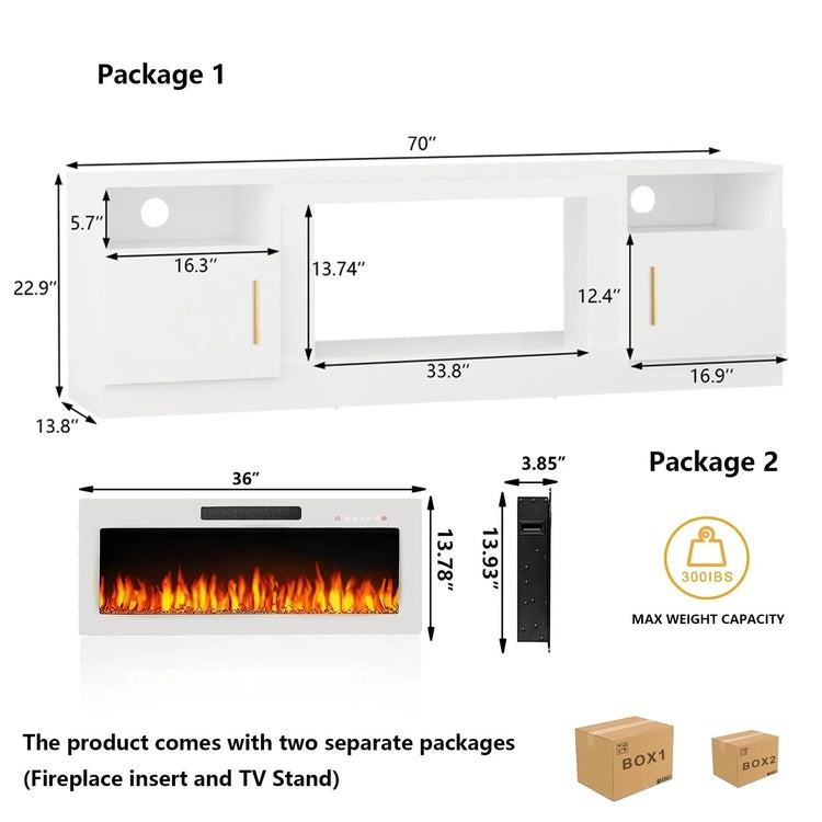 Bossin 70 Fireplace TV Stand with 36 Electric Fireplace, TV Stand for Tvs up to 80,16 Colors LED Lights/Entertainment Center