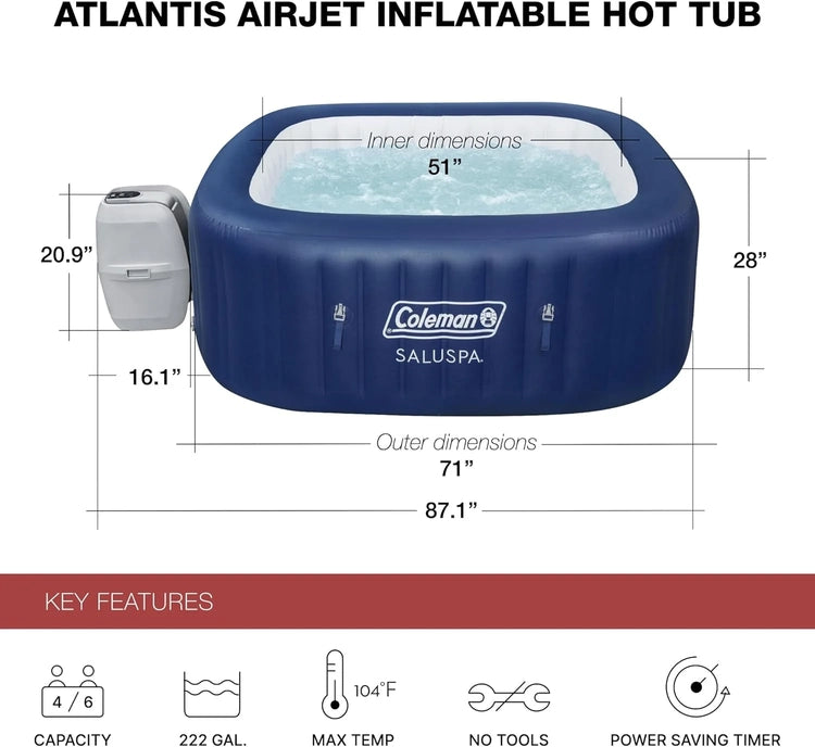 Coleman Saluspa Atlantis Airjet 4 to 6 Person Inflatable Hot Tub Square Portable Outdoor Spa with 140 Soothing Jets with Cover, Blue