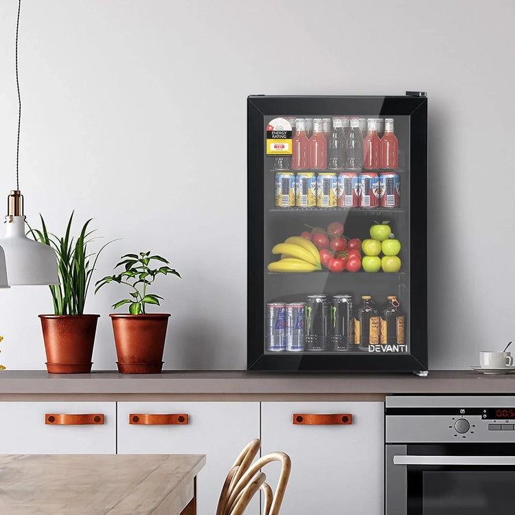 Devanti 70L Bar Fridge Glass Door W/Light Black