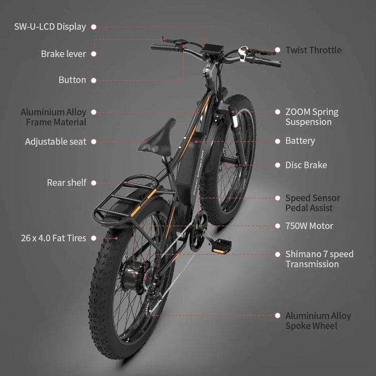 26 In.48V 13Ah 750W Mountain Electric Bikes for Adults Men, 26"x4.0 Fat Tire Electric Bicycle 7 Speeds Gear Outdoor Ebikes, Black, S48