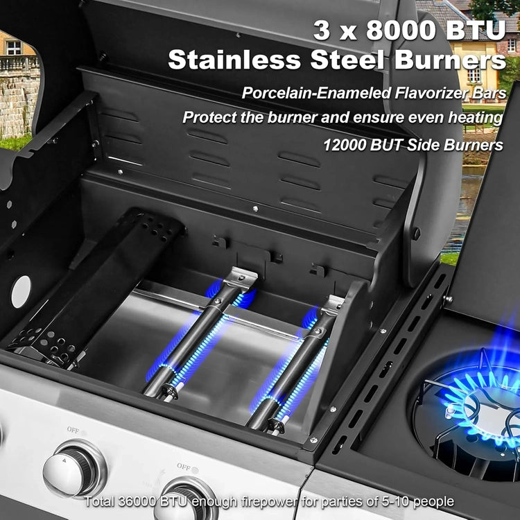 Upgraded 4 Burner BBQ Propane Gas Grill with Cast Iron Grates & Side Stove, 44,000 BTU Stainless Steel Burner Barbecue Grill for Patio, Camping