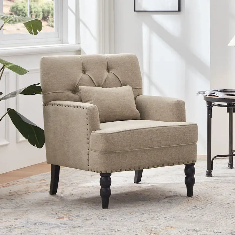 Set of 2 Arm Chair Upholstered Button Tufted Accent Chair with Lumbar Pillow Beige/Grey/Light Blue
