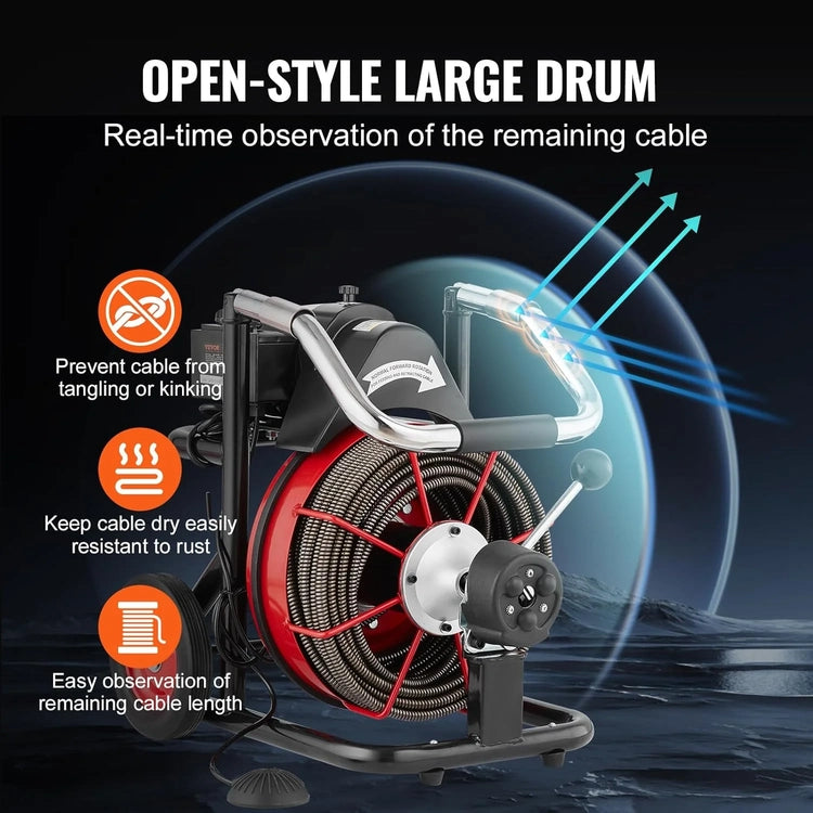 Drain Cleaner Machine 100FT X 1/2 Inch, Auto Feed Sewer Snake Auger on Wheels, 550W Portable Drain Cleaning Machine