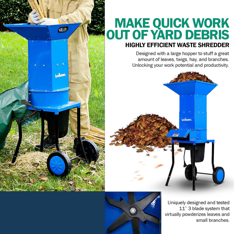 Landworks Leaf Mulcher Shredder Electric Green and Waste Management Heavy Duty 120V AC 11" Inch Cutting Blade .5" Inch Cutting Capacity for Leaves