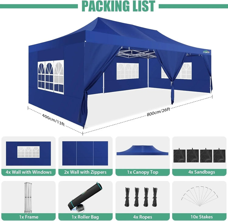 Cobizi 10x20 Heavy Duty Pop up Canopy Tent with 6 Sidewalls Easy up Commercial Outdoor Canopy Wedding Party Tents