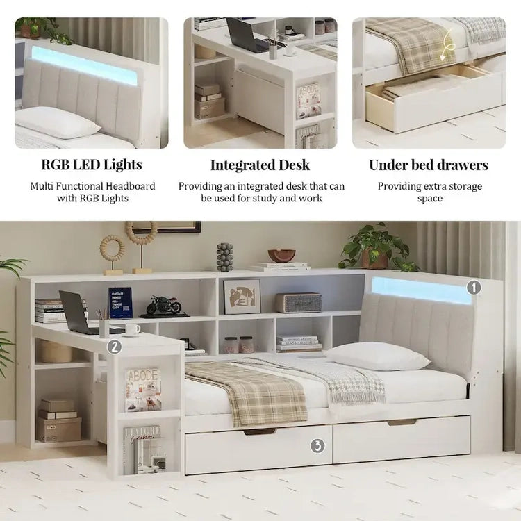 L-Shaped Wooden Sofa Daybed with Desk, Bookcase Cabinet, Corner Bed with Under-Bed Drawers, Upholstered Headboard Built-in Light