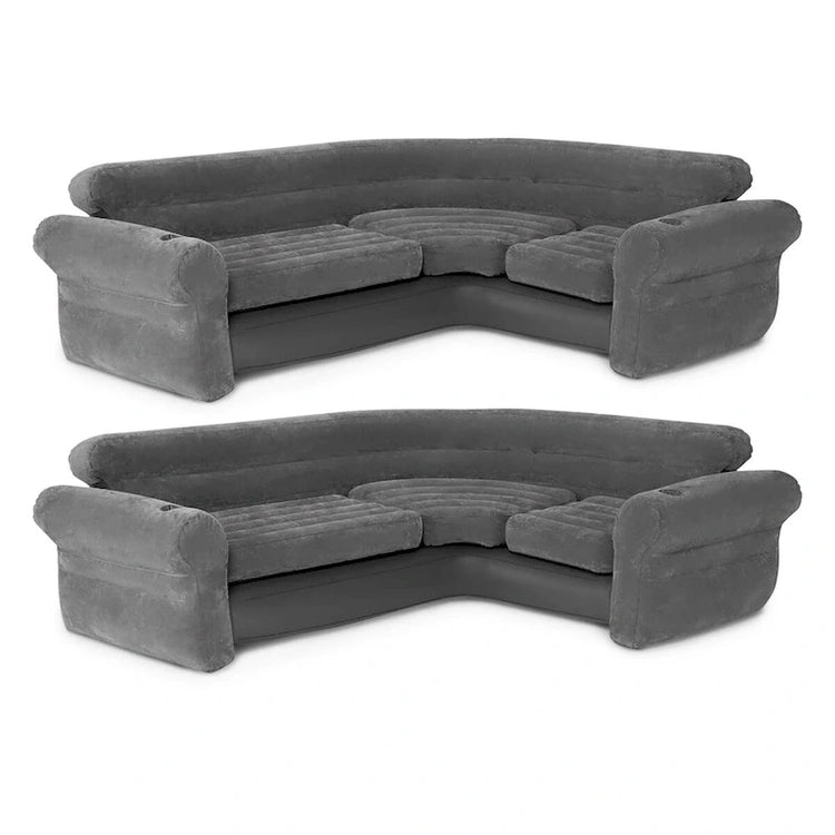Intex Corner Sofa L-Shaped Inflatable Lounge Couch W/Cupholders, Gray (2 Pack) - 26