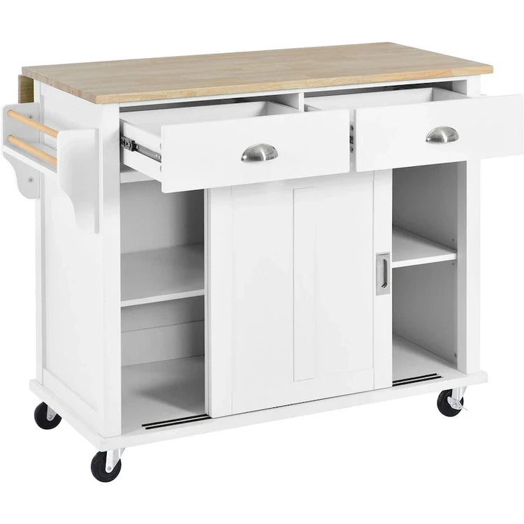 Kitchen Cart with Rubber Wood Drop-Leaf Countertop, Concealed Sliding Barn Door Adjustable Height, Kitchen Island on 4 Wheels