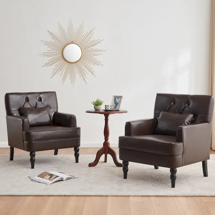 Set of 2 Arm Chair Upholstered Button Tufted Accent Chair with Lumbar Pillow Beige/Grey/Light Blue