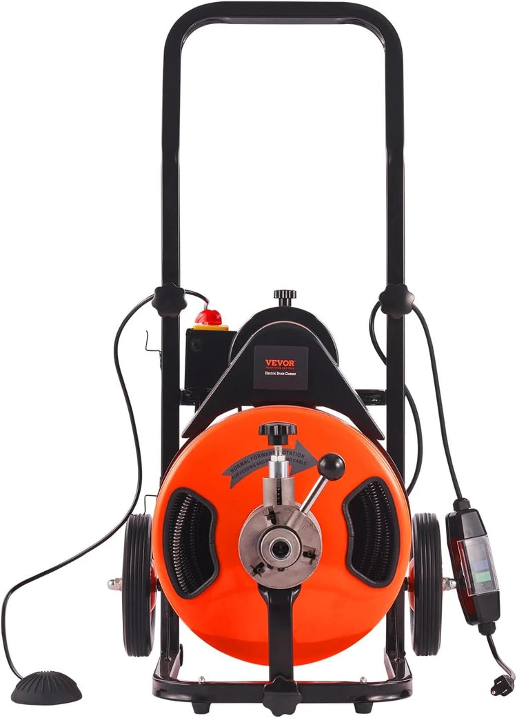 Drain Cleaner Machine 100FT X 1/2Inch, Auto Feed Sewer Snake Auger with 4 Cutter & Air-Activated Foot Switch for 1" to 4" Pipes, Orange, Black