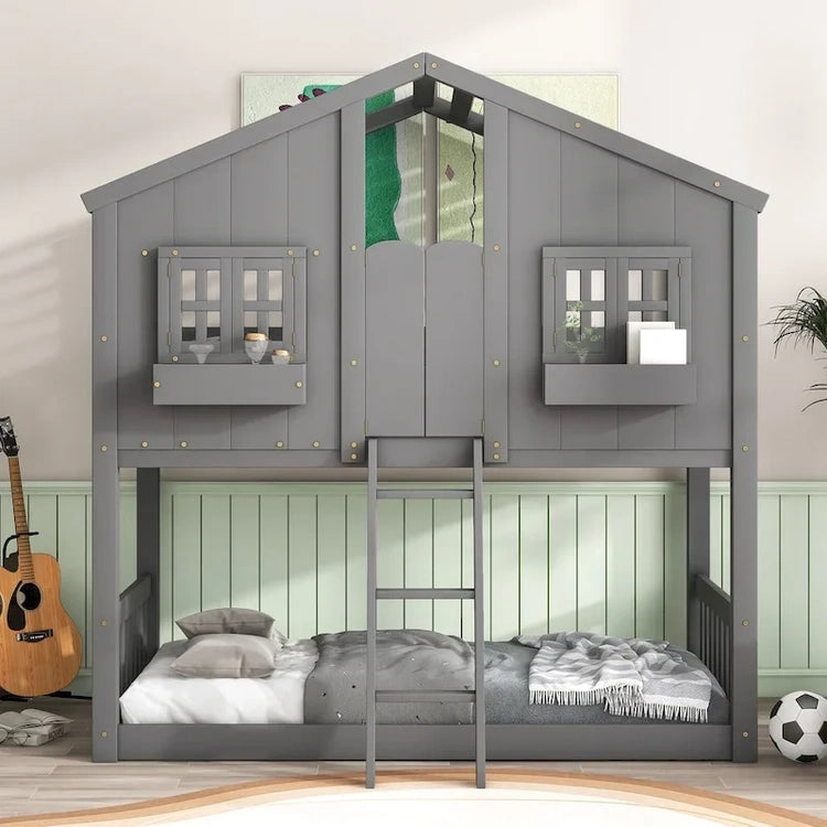 Twin Over House Bunk Bed with Roof, Window, Window Box, Door, with Safety Guardrails and Ladder, Grey