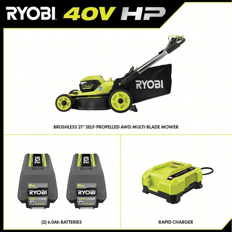 Ryobi 40V HP Brushless 21-in Self-Propelled Awd Lawn Mower - Whisper Series - Includes (2) 6.0Ah Batteries and Charger