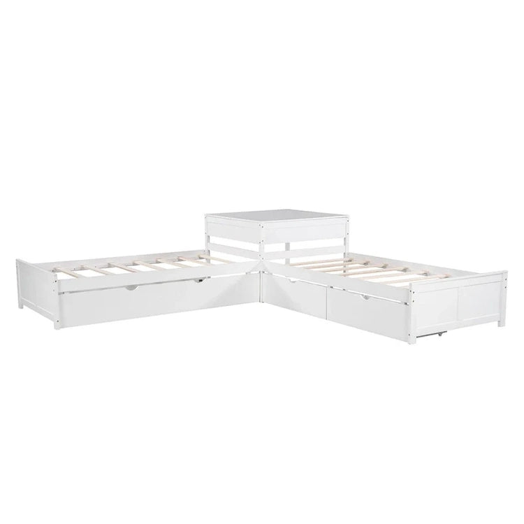 White Modern Twin Size L-Shaped Platform Bed with Trundle and Drawers for Bedroom