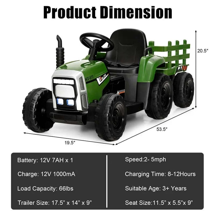 Kids Ride on Tractor W/Trailer 12V Battery Powered Electric Riding Toy Car Vehicle with 3-Gear-Shift Ground Loader