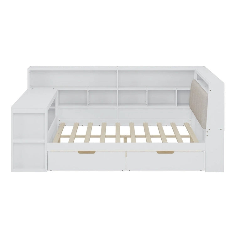 L-Shaped Wooden Sofa Daybed with Desk, Bookcase Cabinet, Corner Bed with Under-Bed Drawers, Upholstered Headboard Built-in Light