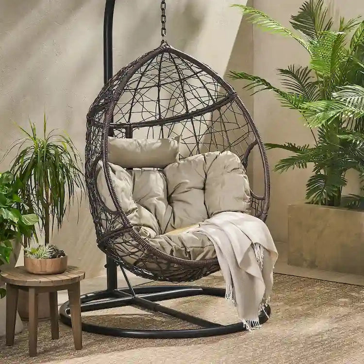 Waterproof Outdoor Wicker Hanging Basket Chair with Cushions, Hammock Seat - 300 Lbs Capacity