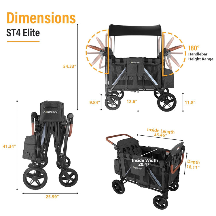 All-Terrain 4 Seater Wagon Stroller for Kids - Heavy-Duty 300lb Capacity, One-Hand Fold Design, High Seats with 5-Point Harness