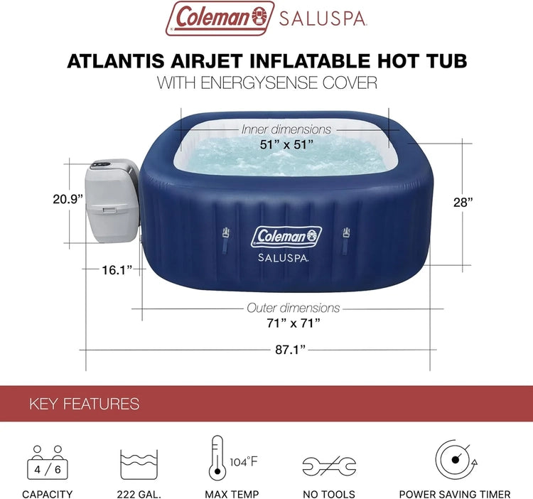 Coleman Saluspa Atlantis Airjet 4 to 6 Person Inflatable Hot Tub Square Portable Outdoor Spa with 140 Soothing Jets with Cover, Blue