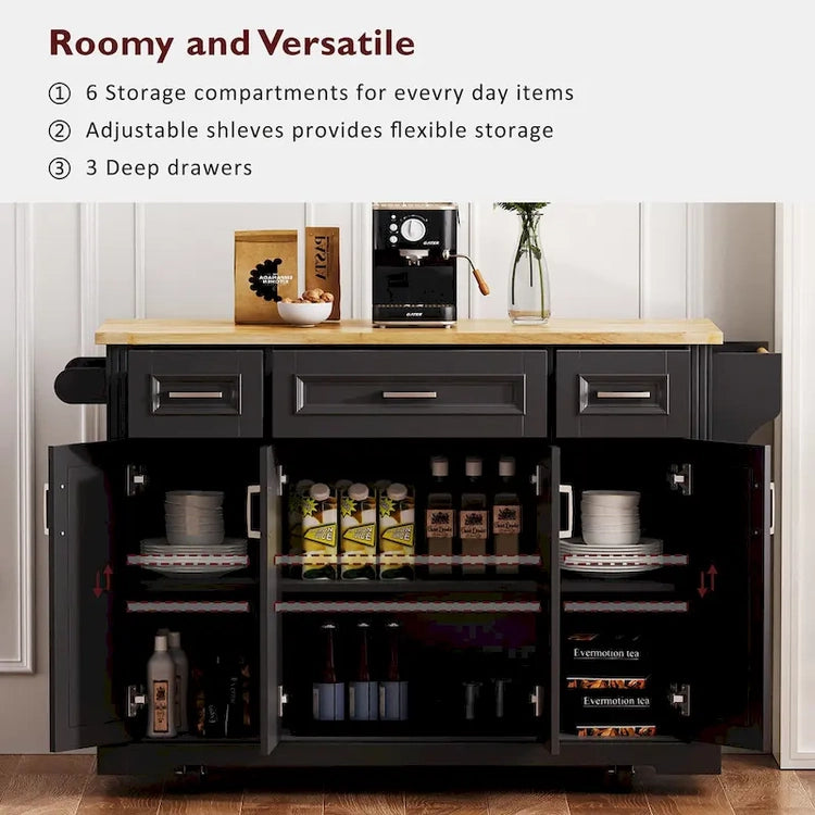 54 Large Kitchen Island with Rubber Wood Drop Leaf, Embossed Texture Rolling Kitchen Cart on 4 Wheels with 4 Doors & 3 Drawers