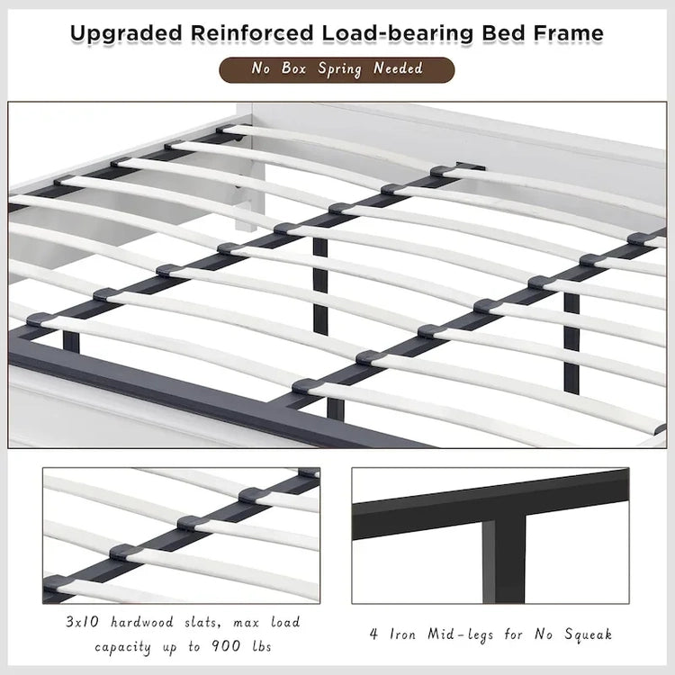 Farmhouse King Wood Bed Frame with Headboard, Platform Bedframe
