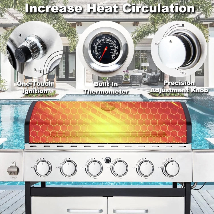 Upgraded 4 Burner BBQ Propane Gas Grill with Cast Iron Grates & Side Stove, 44,000 BTU Stainless Steel Burner Barbecue Grill for Patio, Camping
