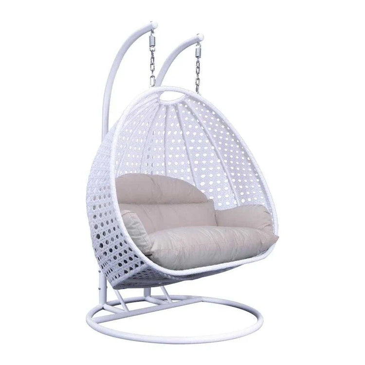 Leisuremod 2 Person Hanging Egg Chair with Stand - Outdoor/Indoor Rattan Wicker Patio Swing Hammock Lounger with Cushions