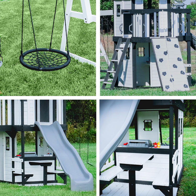 Canyon Creek Cedar Wood Swing Set with Wave Slide, Clubhouse, Play Kitchen, Picnic Area, Belt Swings, Web Swing, Rock Wall, Balconies, Playhouse