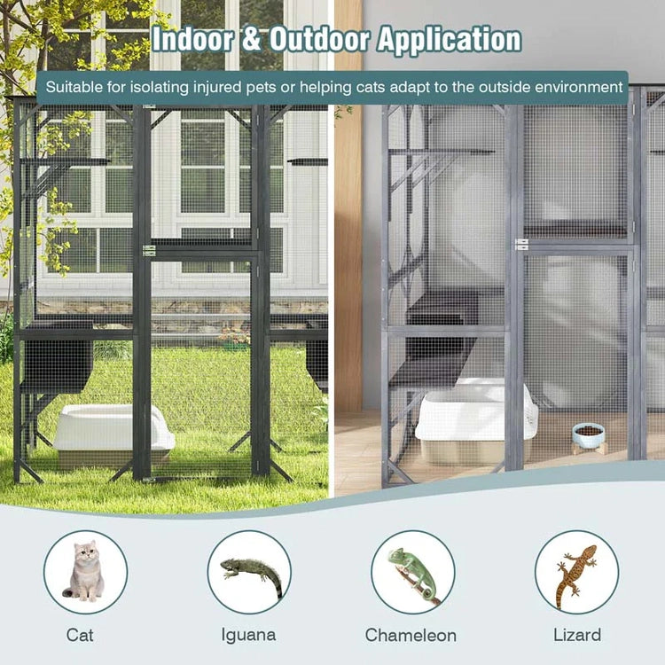 71" Tall Large Cat House Outdoor Catio Kitty Enclosure, Walk-in Cat Kennel Condo, Wooden Cat Cage Playpen with 7 Platforms