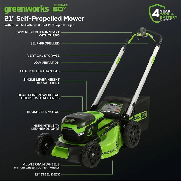 60V 21" Cordless (Self-Propelled) Lawn Mower, 2 X 4.0Ah Batteries and Dual Port Rapid Charger