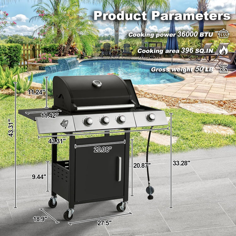Upgraded 4 Burner BBQ Propane Gas Grill with Cast Iron Grates & Side Stove, 44,000 BTU Stainless Steel Burner Barbecue Grill for Patio, Camping