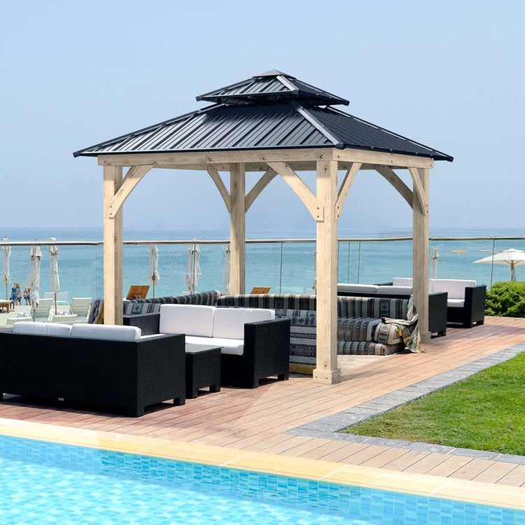 10 X Ft Outdoor Patio Hardtop Gazebo with Wood Frame & 2-Tier Metal Roof, All-Weather Gazebo Pergolas Shelter