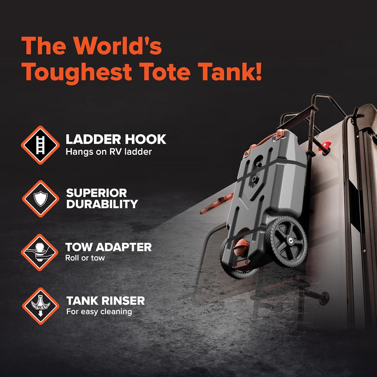 36-Gallon Portable Camper/RV Tote Tank - Features Large Heavy-Duty No-Flat Wheels & Built-in Gate Valve - Removable Steel Tow Adapter