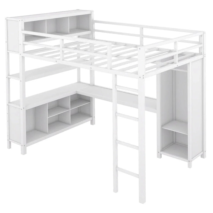 Off-White Metal Loft Bed with Desk and Wardrobe - Full Size