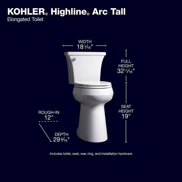 Kohler Extra Tall Highline Arc Complete Solution 2-Piece 1.28 Gpf Single Flush Elongated Toilet in White (Seat Included) 78305-0