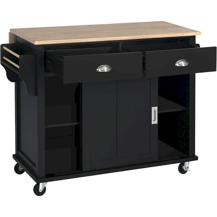 Kitchen Cart with Rubber Wood Drop-Leaf Countertop, Concealed Sliding Barn Door Adjustable Height, Kitchen Island on 4 Wheels
