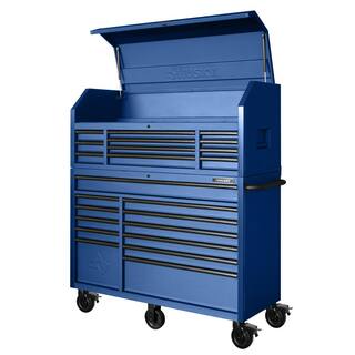 56 In. W X 22 In. D Heavy Duty 23-Drawer Combination Rolling Tool Chest and Top Tool Cabinet Set in Matte Blue