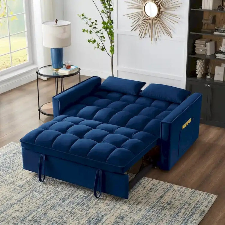 4 in1 Loveseat Sofa Bed with Armrests & Storage Pockets, Multi-Function Tufted Pull-Out Sofa Bed with Adjustable Backrest