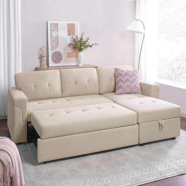 Reversible Sectional Sofa with Pull-Out Sleeper Bed, Hidden Storage Chaise, Durable Legs